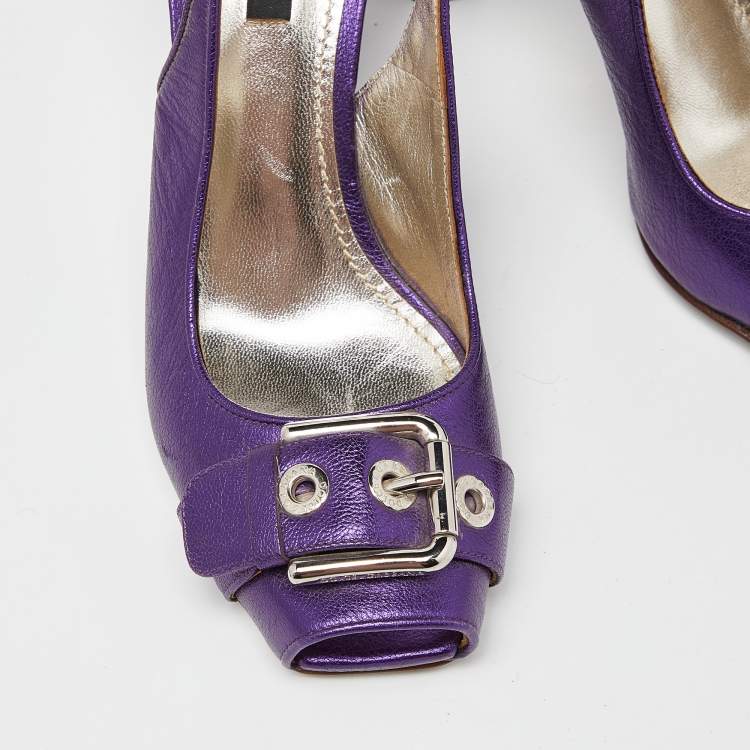 Pre Owned Dolce & Gabbana Metallic Purple Leather Buckle Detail Peep Toe Slingback Pumps Size 37