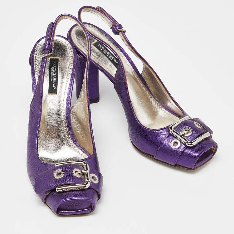Pre Owned Dolce & Gabbana Metallic Purple Leather Buckle Detail Peep Toe Slingback Pumps Size 37
