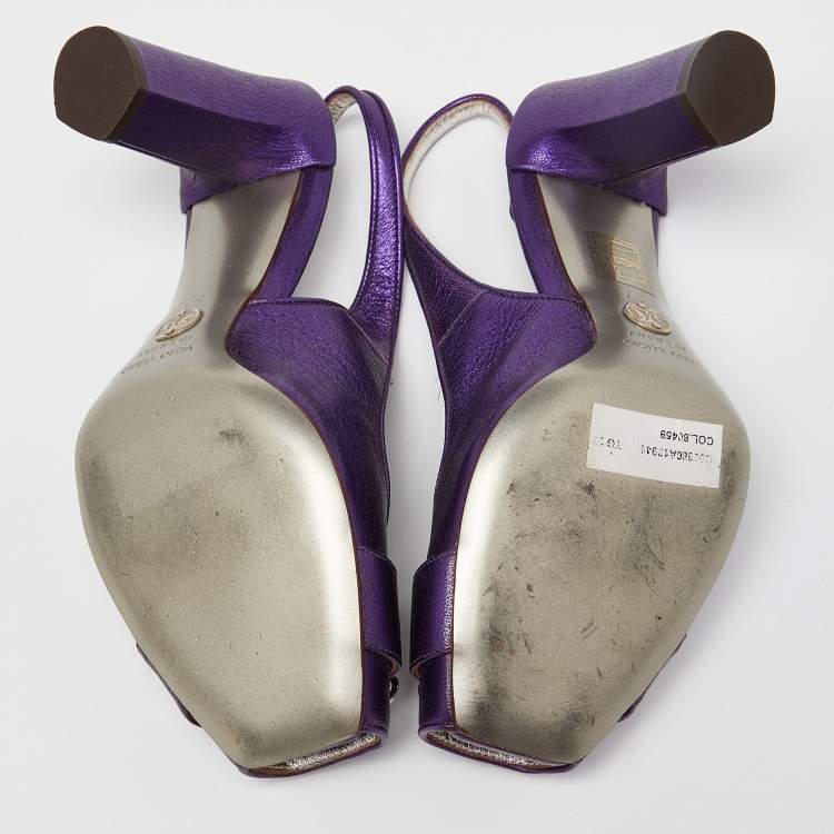 Pre Owned Dolce & Gabbana Metallic Purple Leather Buckle Detail Peep Toe Slingback Pumps Size 37