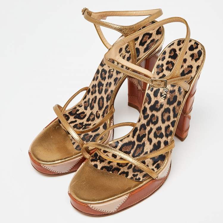 Pre Owned Dolce & Gabbana Gold Leather Platform Ankle Strap Sandals Size 38