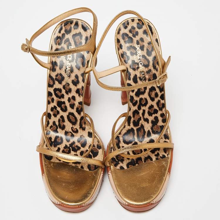 Pre Owned Dolce & Gabbana Gold Leather Platform Ankle Strap Sandals Size 38