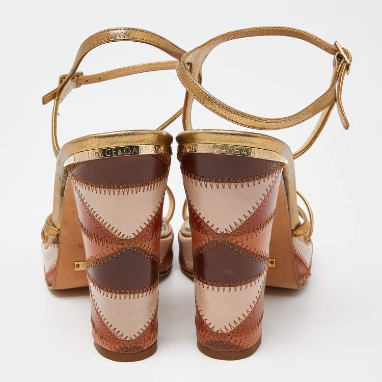 Pre Owned Dolce & Gabbana Gold Leather Platform Ankle Strap Sandals Size 38