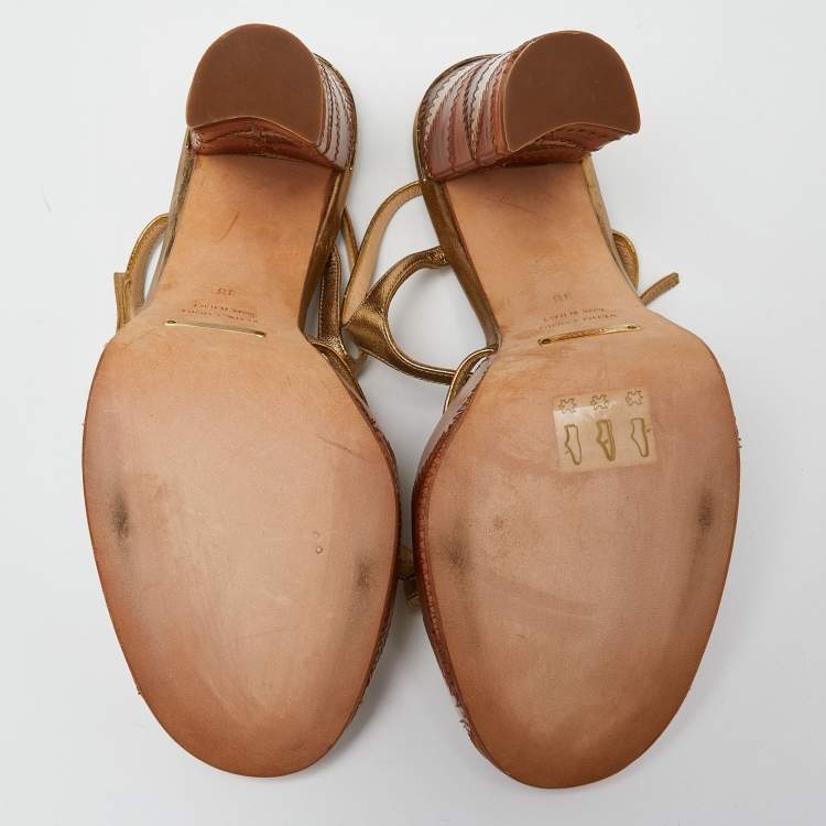 Pre Owned Dolce & Gabbana Gold Leather Platform Ankle Strap Sandals Size 38
