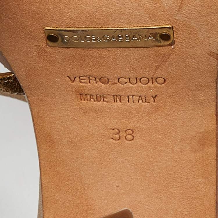 Pre Owned Dolce & Gabbana Gold Leather Platform Ankle Strap Sandals Size 38