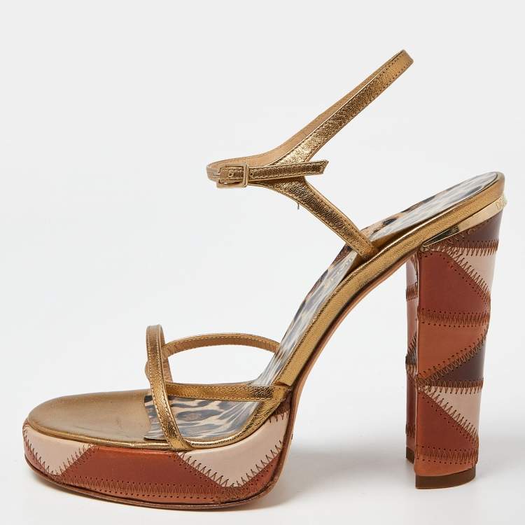 Pre Owned Dolce & Gabbana Gold Leather Platform Ankle Strap Sandals Size 38