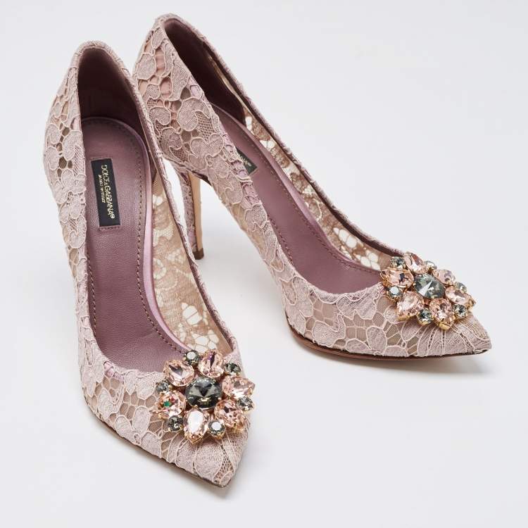 Pre Owned Dolce & Gabbana Purple Lace Crystal Embellishments Pointed Toe Pumps Size 39