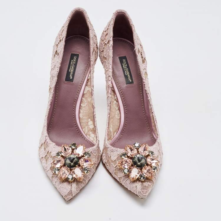 Pre Owned Dolce & Gabbana Purple Lace Crystal Embellishments Pointed Toe Pumps Size 39