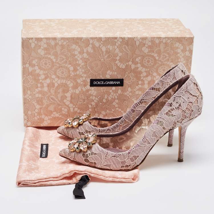 Pre Owned Dolce & Gabbana Purple Lace Crystal Embellishments Pointed Toe Pumps Size 39