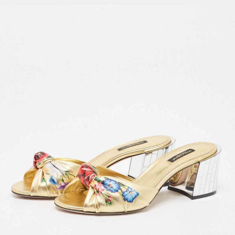 Pre Owned Dolce & Gabbana Gold Leather Knot Detail Mirrored Heel Slide Sandals Size 38