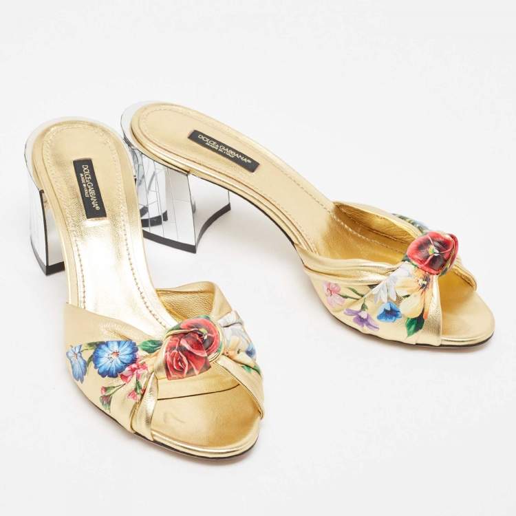 Pre Owned Dolce & Gabbana Gold Leather Knot Detail Mirrored Heel Slide Sandals Size 38