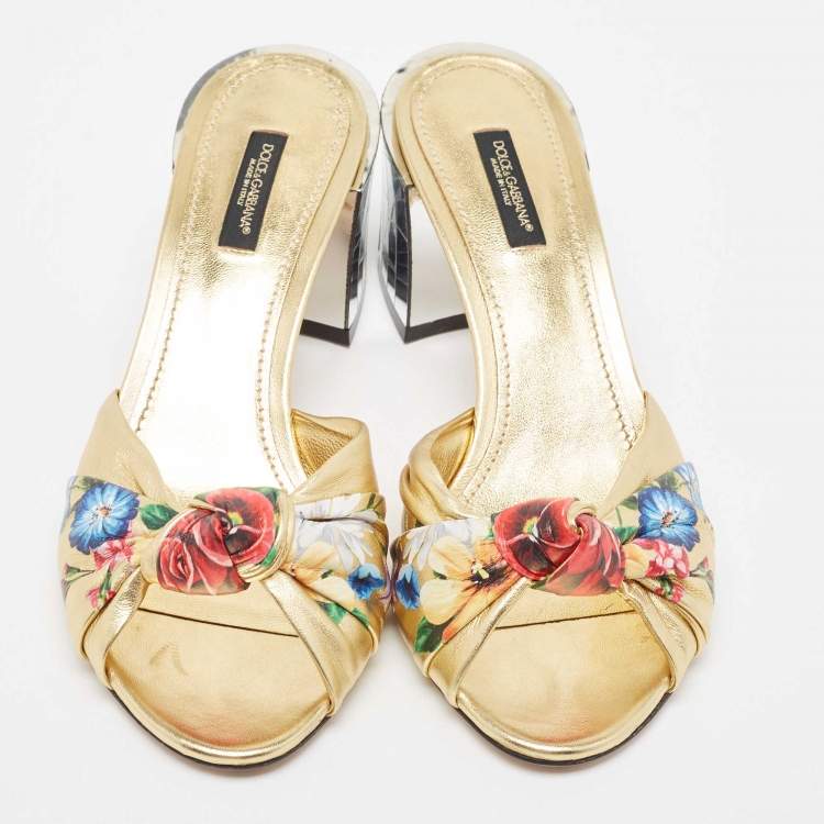 Pre Owned Dolce & Gabbana Gold Leather Knot Detail Mirrored Heel Slide Sandals Size 38