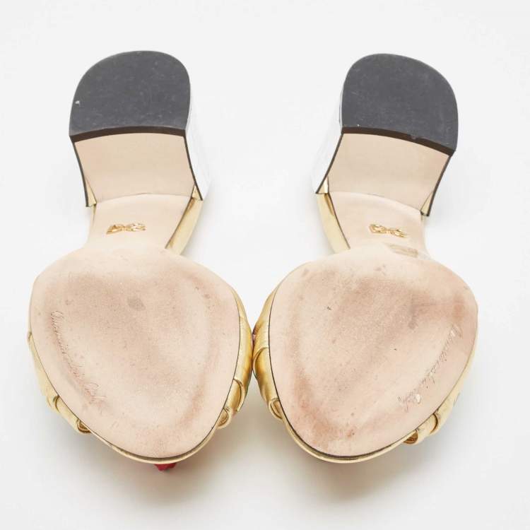 Pre Owned Dolce & Gabbana Gold Leather Knot Detail Mirrored Heel Slide Sandals Size 38