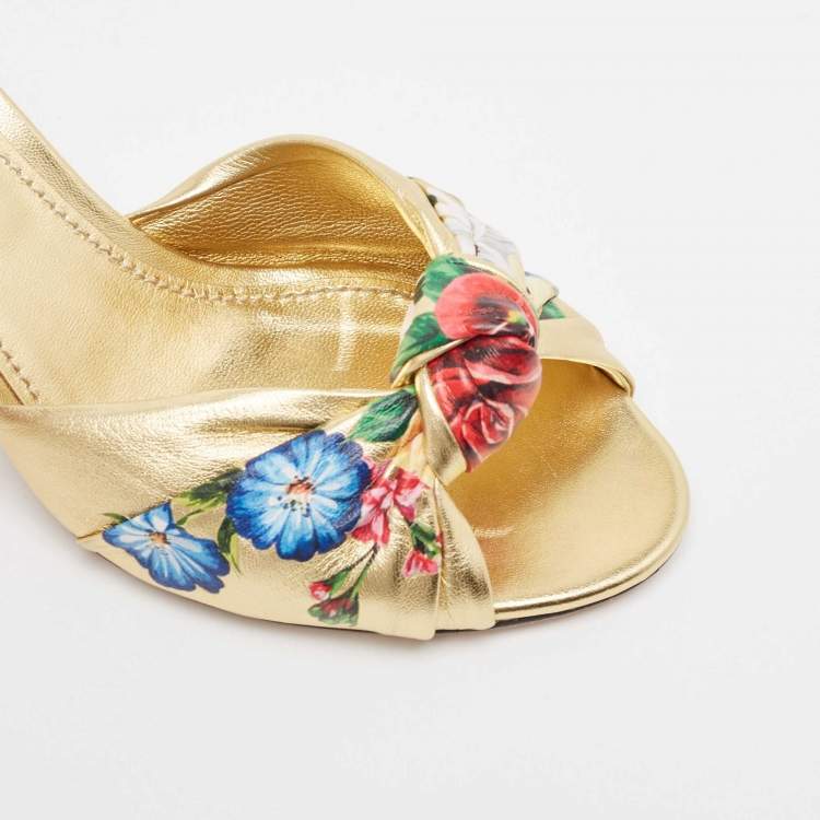 Pre Owned Dolce & Gabbana Gold Leather Knot Detail Mirrored Heel Slide Sandals Size 38