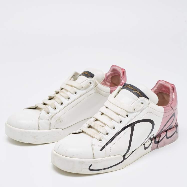 Pre Owned Dolce & Gabbana White/Mauve Leather Portofino Low Top Sneakers Size 38.5