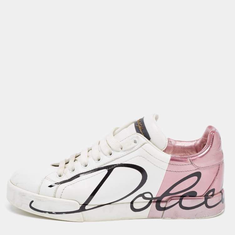 Pre Owned Dolce & Gabbana White/Mauve Leather Portofino Low Top Sneakers Size 38.5
