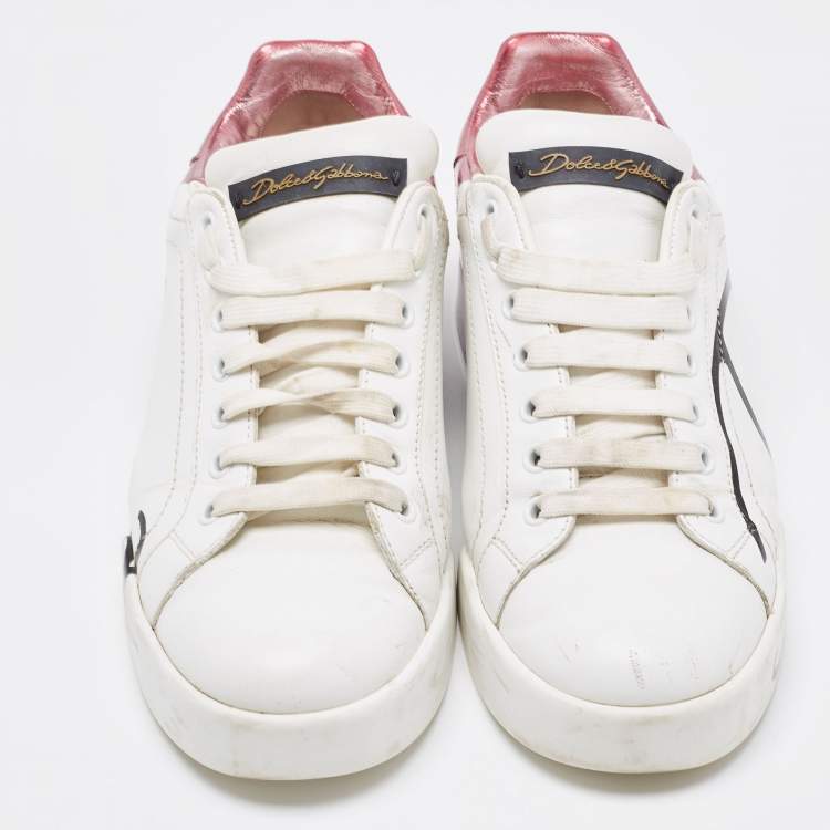Pre Owned Dolce & Gabbana White/Mauve Leather Portofino Low Top Sneakers Size 38.5
