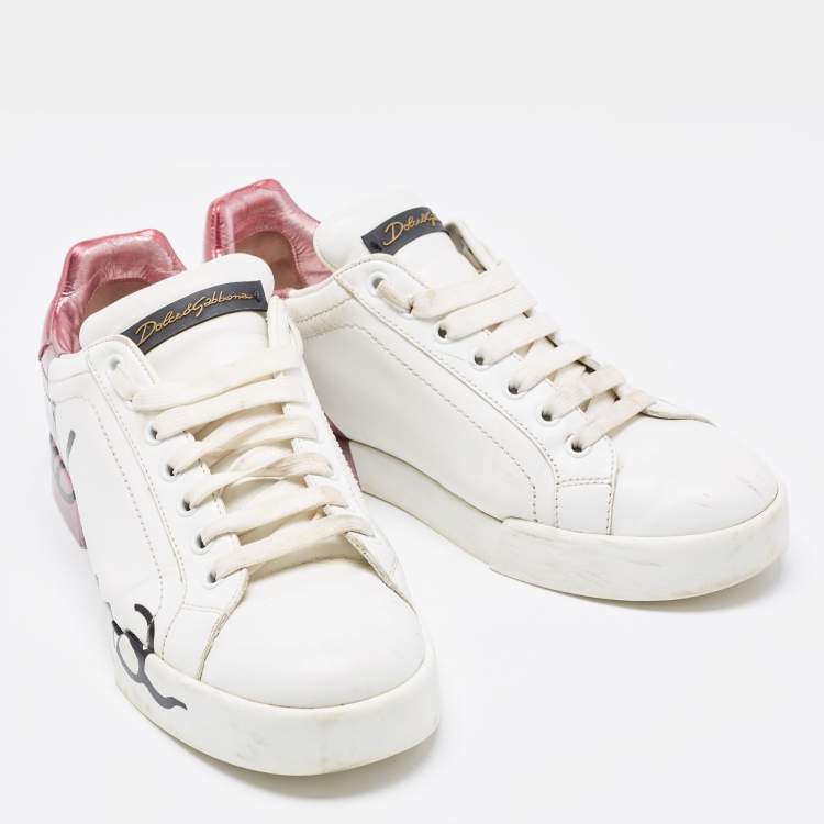 Pre Owned Dolce & Gabbana White/Mauve Leather Portofino Low Top Sneakers Size 38.5