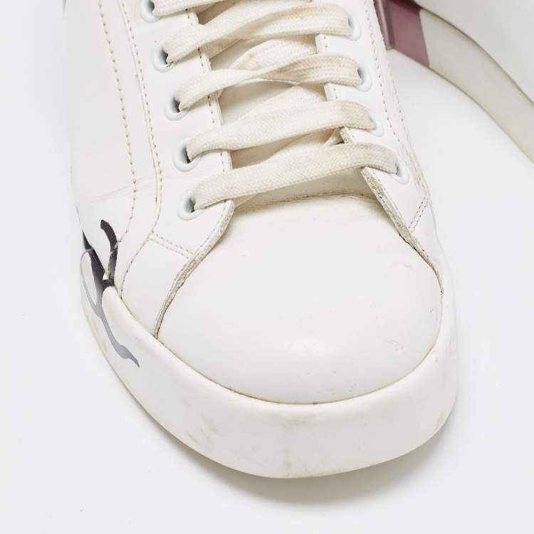 Pre Owned Dolce & Gabbana White/Mauve Leather Portofino Low Top Sneakers Size 38.5