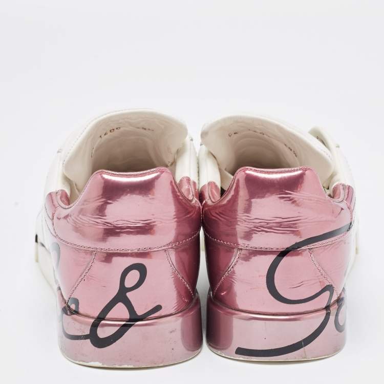 Pre Owned Dolce & Gabbana White/Mauve Leather Portofino Low Top Sneakers Size 38.5