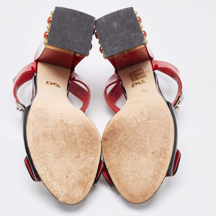 Pre Owned Dolce & Gabbana Tricolor Patent and Embossed Snakeskin Crystal Embellished Ankle Strap Sandals Size 40