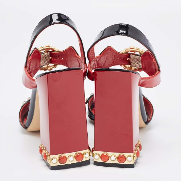 Pre Owned Dolce & Gabbana Tricolor Patent and Embossed Snakeskin Crystal Embellished Ankle Strap Sandals Size 40