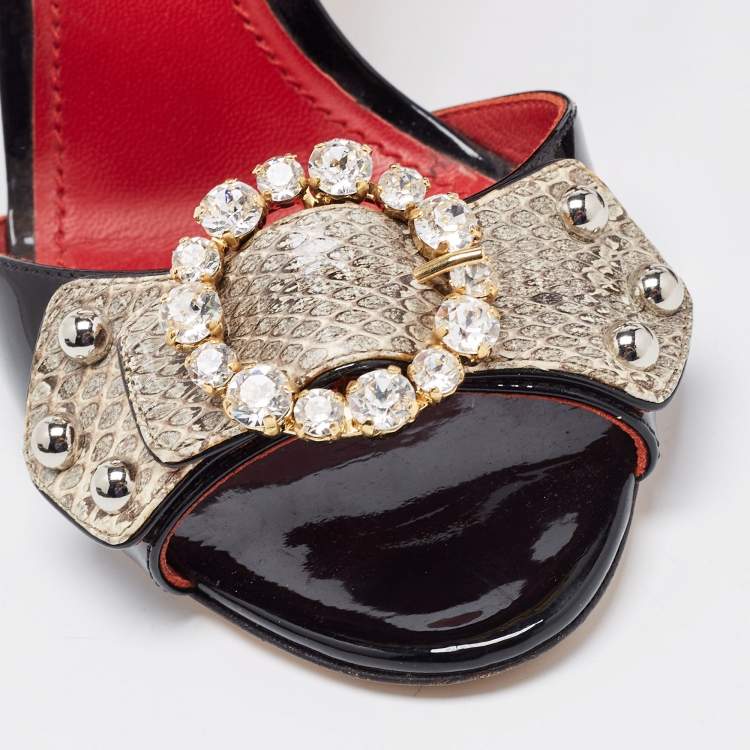 Pre Owned Dolce & Gabbana Tricolor Patent and Embossed Snakeskin Crystal Embellished Ankle Strap Sandals Size 40