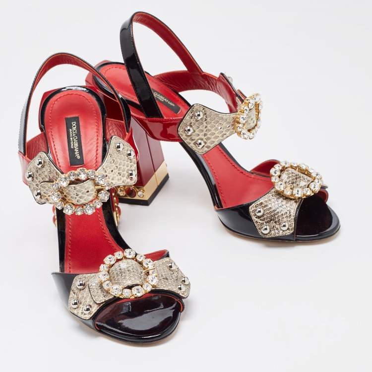 Pre Owned Dolce & Gabbana Tricolor Patent and Embossed Snakeskin Crystal Embellished Ankle Strap Sandals Size 40