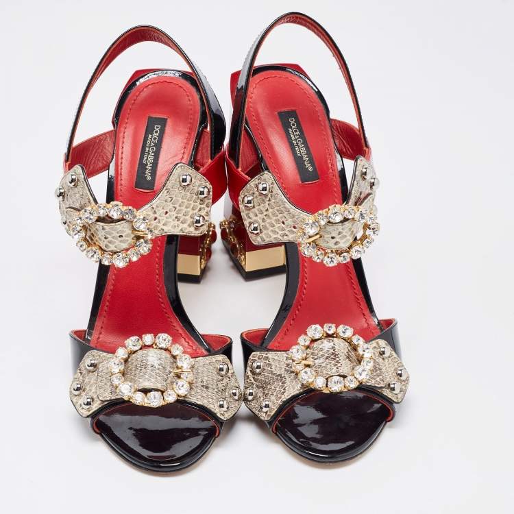Pre Owned Dolce & Gabbana Tricolor Patent and Embossed Snakeskin Crystal Embellished Ankle Strap Sandals Size 40