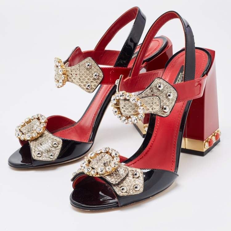Pre Owned Dolce & Gabbana Tricolor Patent and Embossed Snakeskin Crystal Embellished Ankle Strap Sandals Size 40