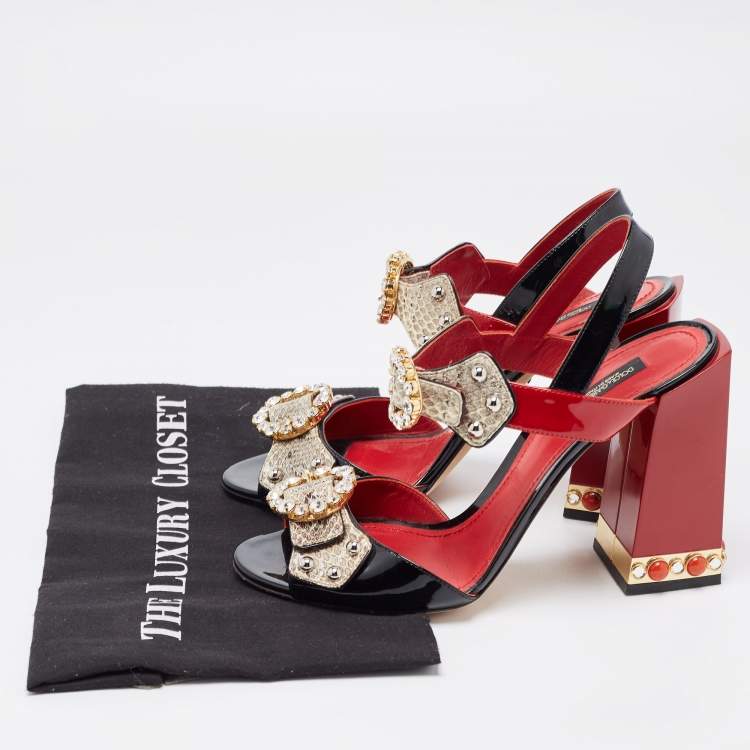Pre Owned Dolce & Gabbana Tricolor Patent and Embossed Snakeskin Crystal Embellished Ankle Strap Sandals Size 40