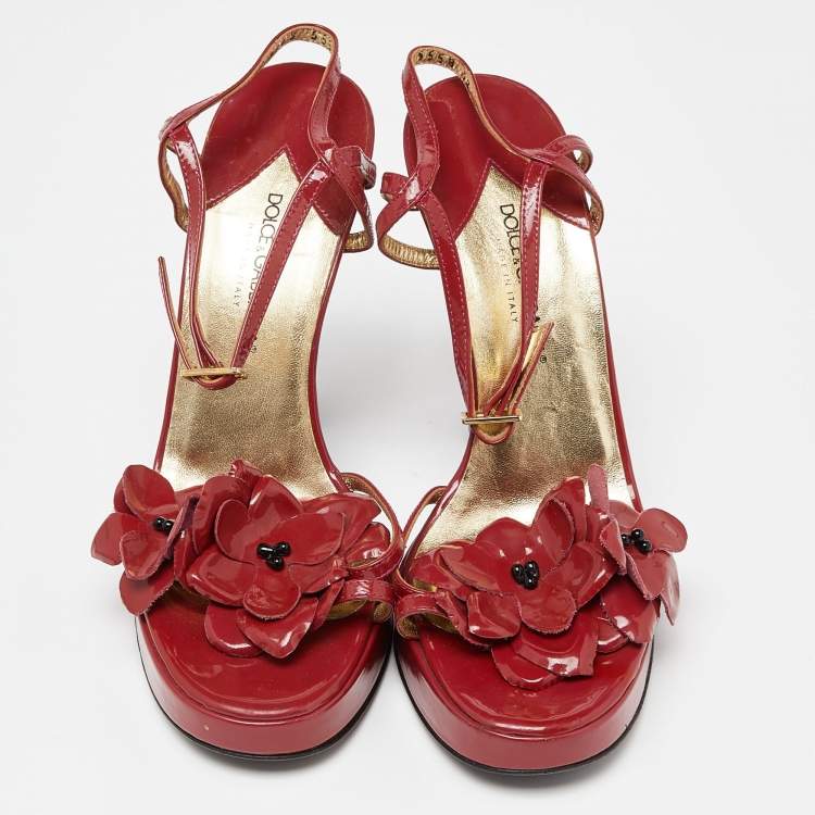 Pre Owned Dolce & Gabbana Red Patent Leather Flower Strappy Sandals Size 38