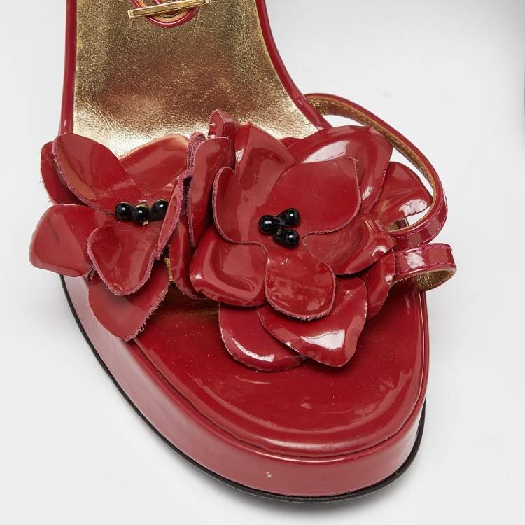 Pre Owned Dolce & Gabbana Red Patent Leather Flower Strappy Sandals Size 38