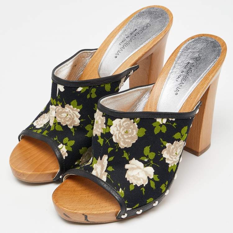 Pre Owned Dolce & Gabbana Mukticolor Floral Canvas and Leather Block Heel Mules Size 38