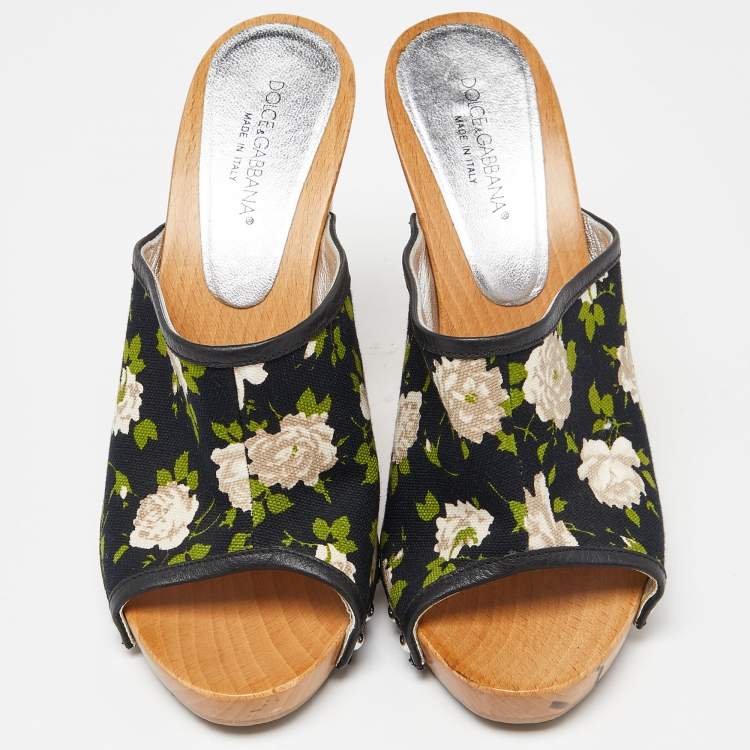 Pre Owned Dolce & Gabbana Mukticolor Floral Canvas and Leather Block Heel Mules Size 38