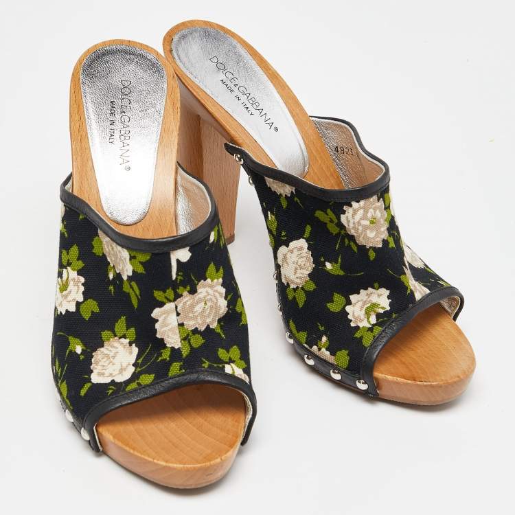 Pre Owned Dolce & Gabbana Mukticolor Floral Canvas and Leather Block Heel Mules Size 38