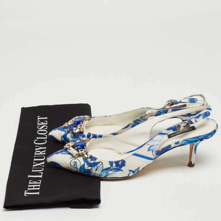 Pre Owned Dolce & Gabbana White/Blue Lurex Crystal Embellished Slingback Pumps Size 40
