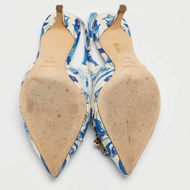 Pre Owned Dolce & Gabbana White/Blue Lurex Crystal Embellished Slingback Pumps Size 40