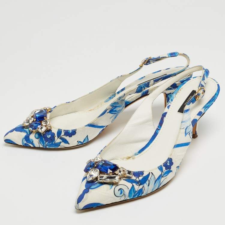 Pre Owned Dolce & Gabbana White/Blue Lurex Crystal Embellished Slingback Pumps Size 40