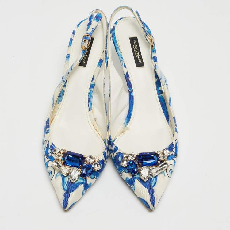 Pre Owned Dolce & Gabbana White/Blue Lurex Crystal Embellished Slingback Pumps Size 40