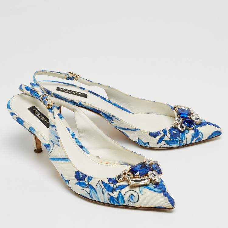 Pre Owned Dolce & Gabbana White/Blue Lurex Crystal Embellished Slingback Pumps Size 40