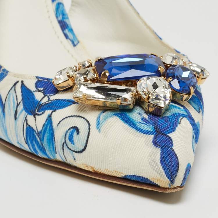 Pre Owned Dolce & Gabbana White/Blue Lurex Crystal Embellished Slingback Pumps Size 40