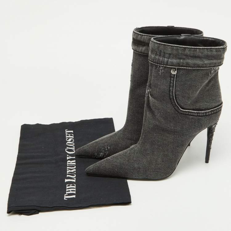 Pre Owned Dolce & Gabbana Grey Distressed Denim Pointed Toe Ankle Boots Size 37.5