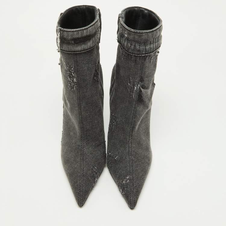 Pre Owned Dolce & Gabbana Grey Distressed Denim Pointed Toe Ankle Boots Size 37.5