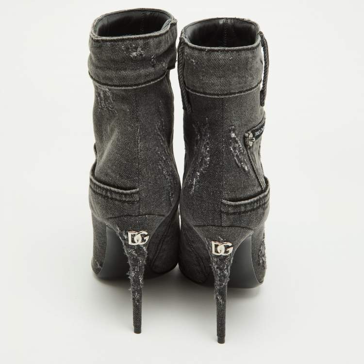 Pre Owned Dolce & Gabbana Grey Distressed Denim Pointed Toe Ankle Boots Size 37.5