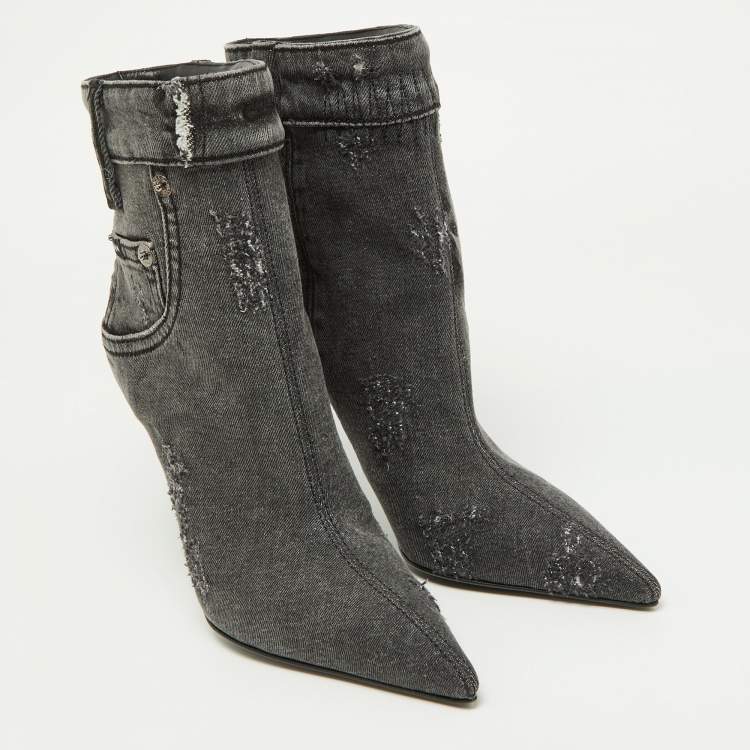 Pre Owned Dolce & Gabbana Grey Distressed Denim Pointed Toe Ankle Boots Size 37.5