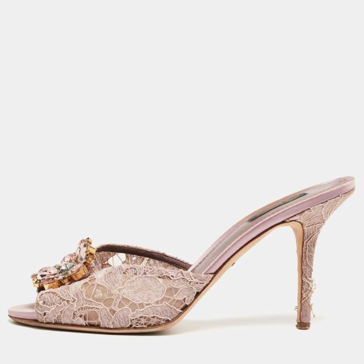 Pre Owned Dolce & Gabbana Purple Lace Crystal Embellished Slide Sandals Size 41
