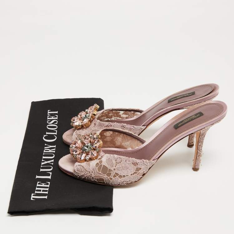 Pre Owned Dolce & Gabbana Purple Lace Crystal Embellished Slide Sandals Size 41
