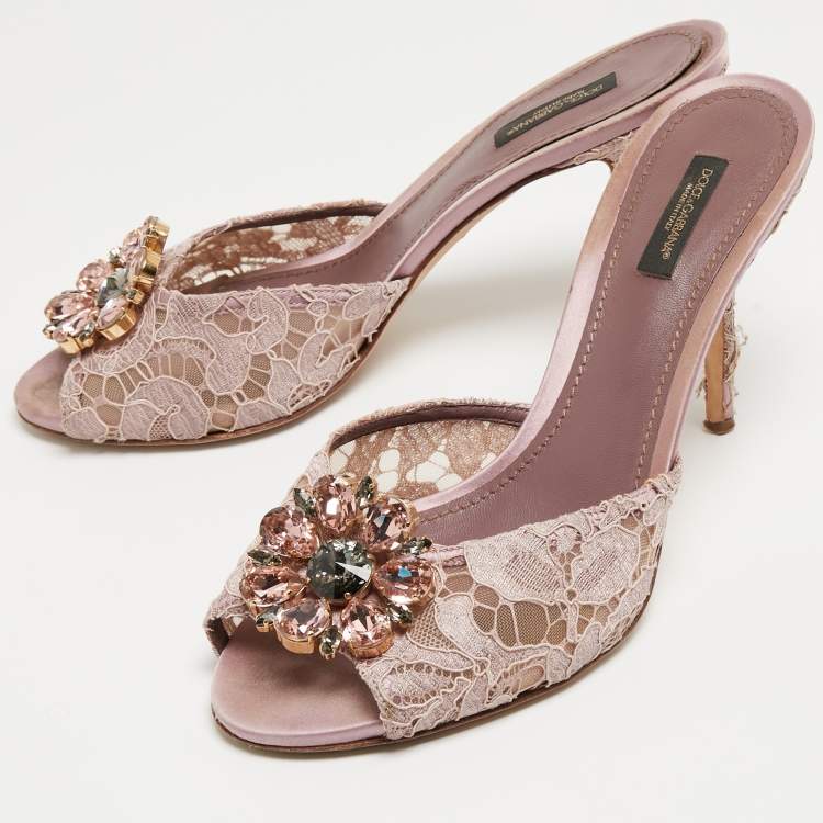 Pre Owned Dolce & Gabbana Purple Lace Crystal Embellished Slide Sandals Size 41
