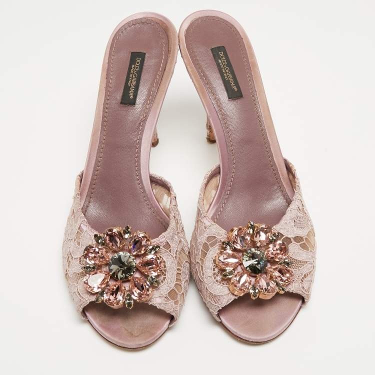 Pre Owned Dolce & Gabbana Purple Lace Crystal Embellished Slide Sandals Size 41