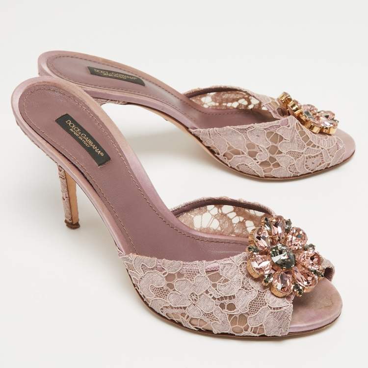 Pre Owned Dolce & Gabbana Purple Lace Crystal Embellished Slide Sandals Size 41